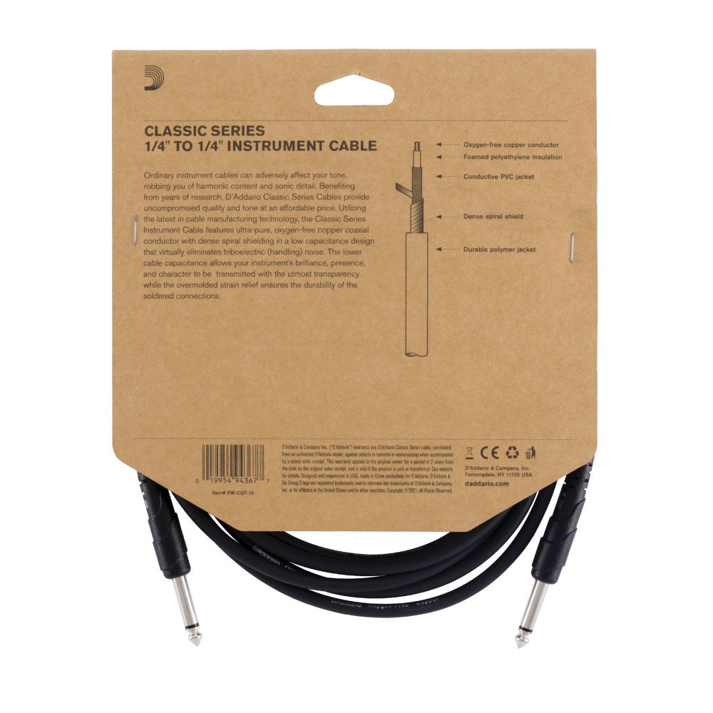 D'Addario Classic câble jacks 1/4" droits 3m