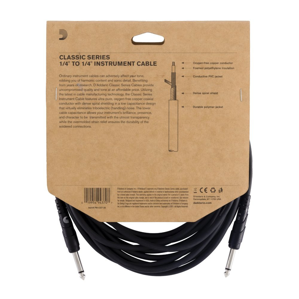D'Addario Classic câble jacks 1/4" droits 6m