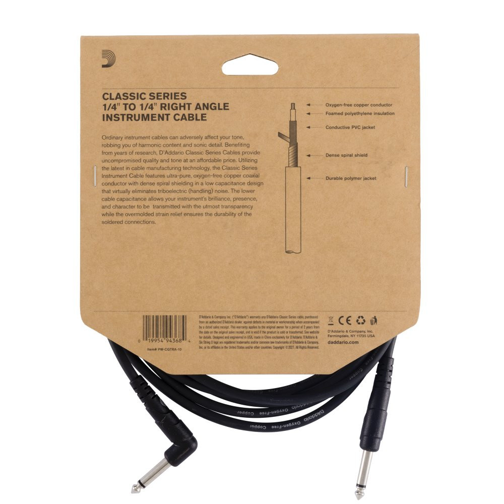 D'Addario Classic câble jacks 1/4" droit/coudé 6m